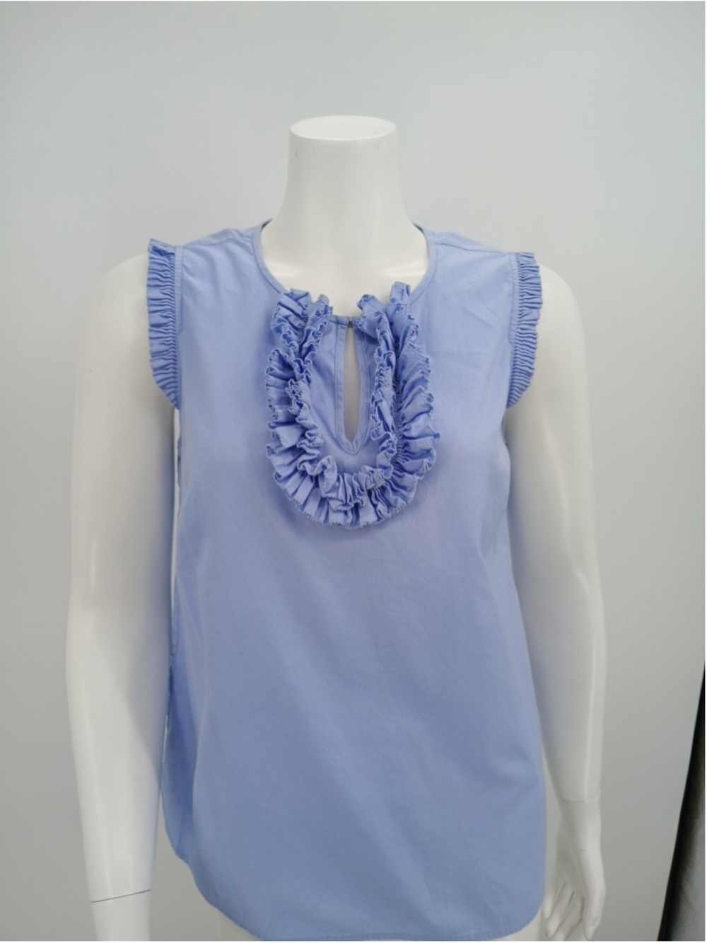 J Crew Blouse Light Blue Ruffle Front Shirt Sleeveless Cotton Top Size 8 Petite